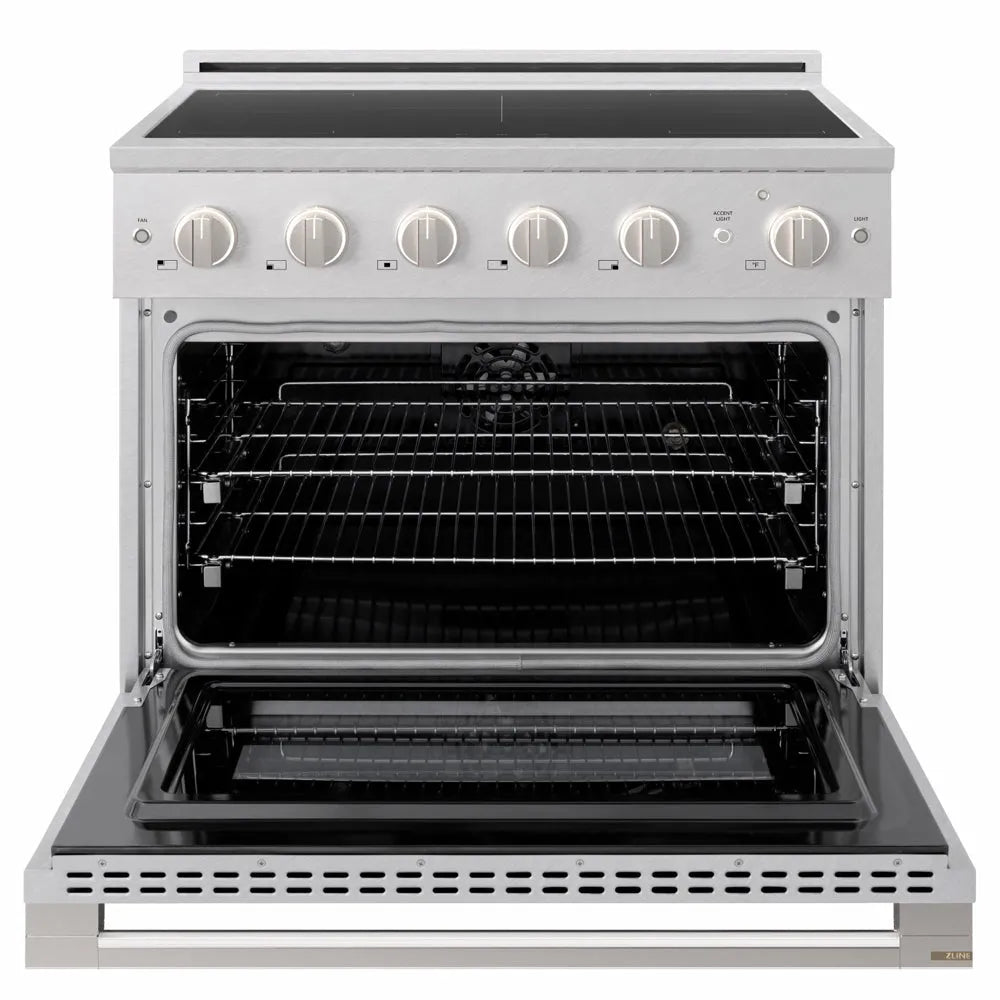 ZLINE 36 in. 5.2 cu. ft. Marino Induction Range with 5 Element Cooktop and Electric Convection Oven in Satin Stainless Steel (MINRS-36) front, oven open.