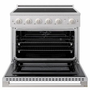 ZLINE 36 in. 5.2 cu. ft. Marino Induction Range with 5 Element Cooktop and Electric Convection Oven in Satin Stainless Steel (MINRS-36) front, oven open.