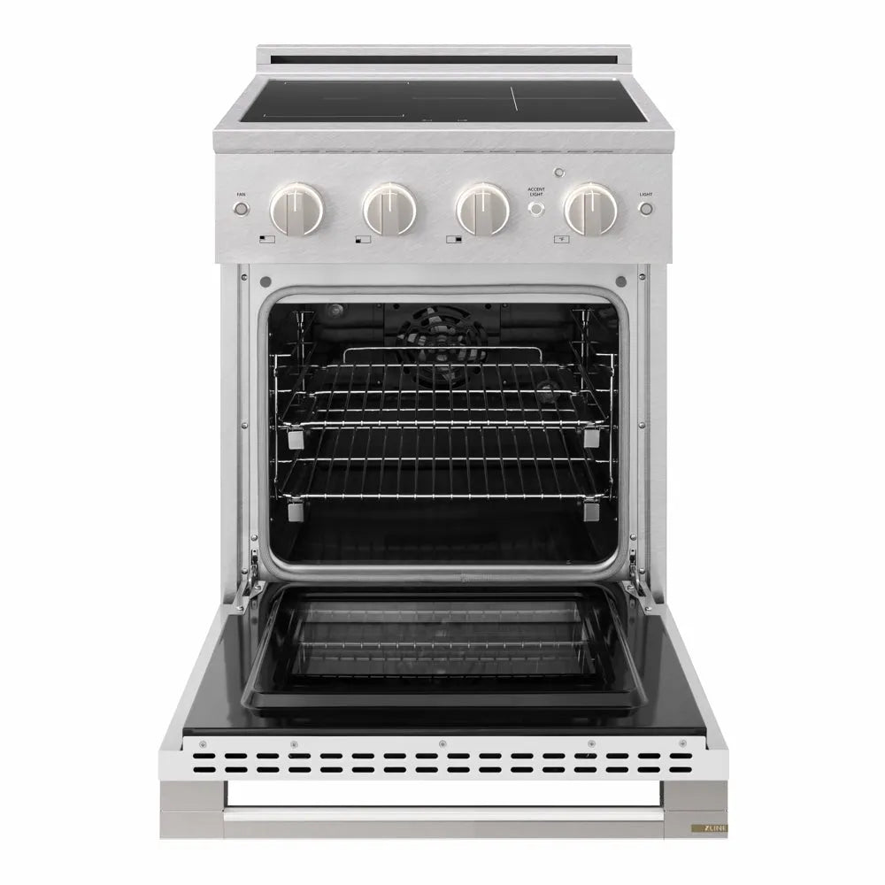 ZLINE 24 in. 3.2 cu. ft. Marino Induction Range with 3 Element Cooktop and Electric Convection Oven in Satin Stainless Steel with White Matte Door (MINRS-WM-24) front, oven open.