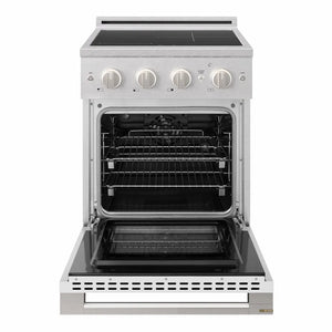 ZLINE 24 in. 3.2 cu. ft. Marino Induction Range with 3 Element Cooktop and Electric Convection Oven in Satin Stainless Steel with White Matte Door (MINRS-WM-24) front, oven open.