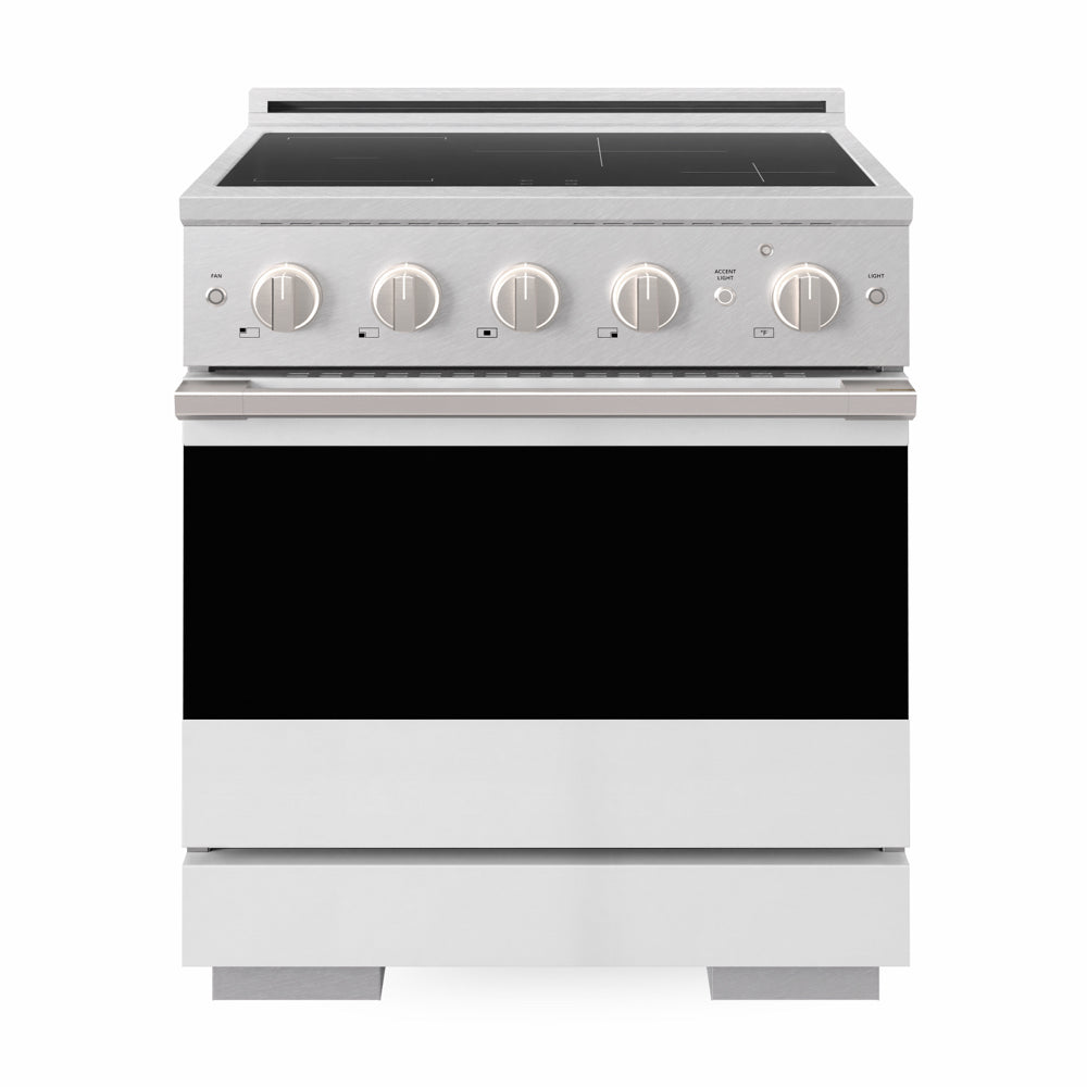 ZLINE 30 in. 4.2 cu. ft. Marino Induction Range with 4 Element Cooktop and Electric Convection Oven in Satin Stainless Steel with White Matte Door (MINRS-WM-30)