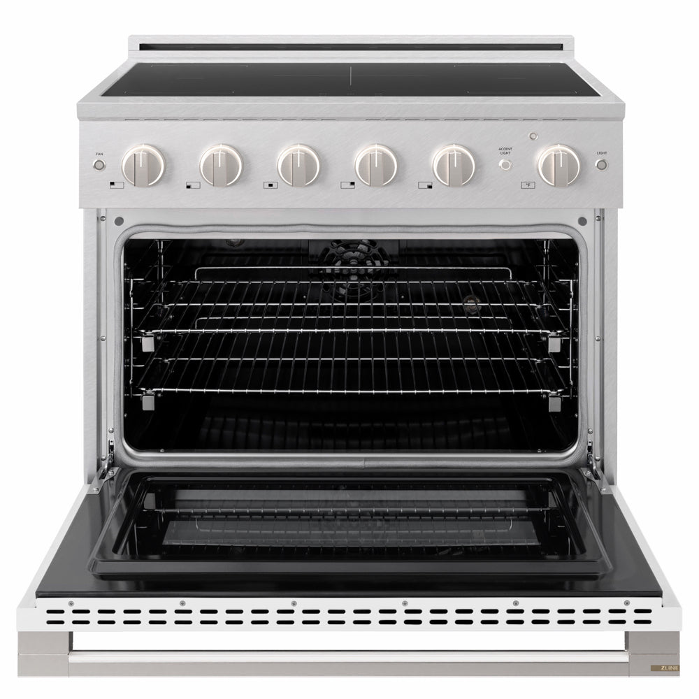 ZLINE 36 in. 5.2 cu. ft. Marino Induction Range with 5 Element Cooktop and Electric Convection Oven in Satin Stainless Steel with White Matte Door (MINRS-WM-36)