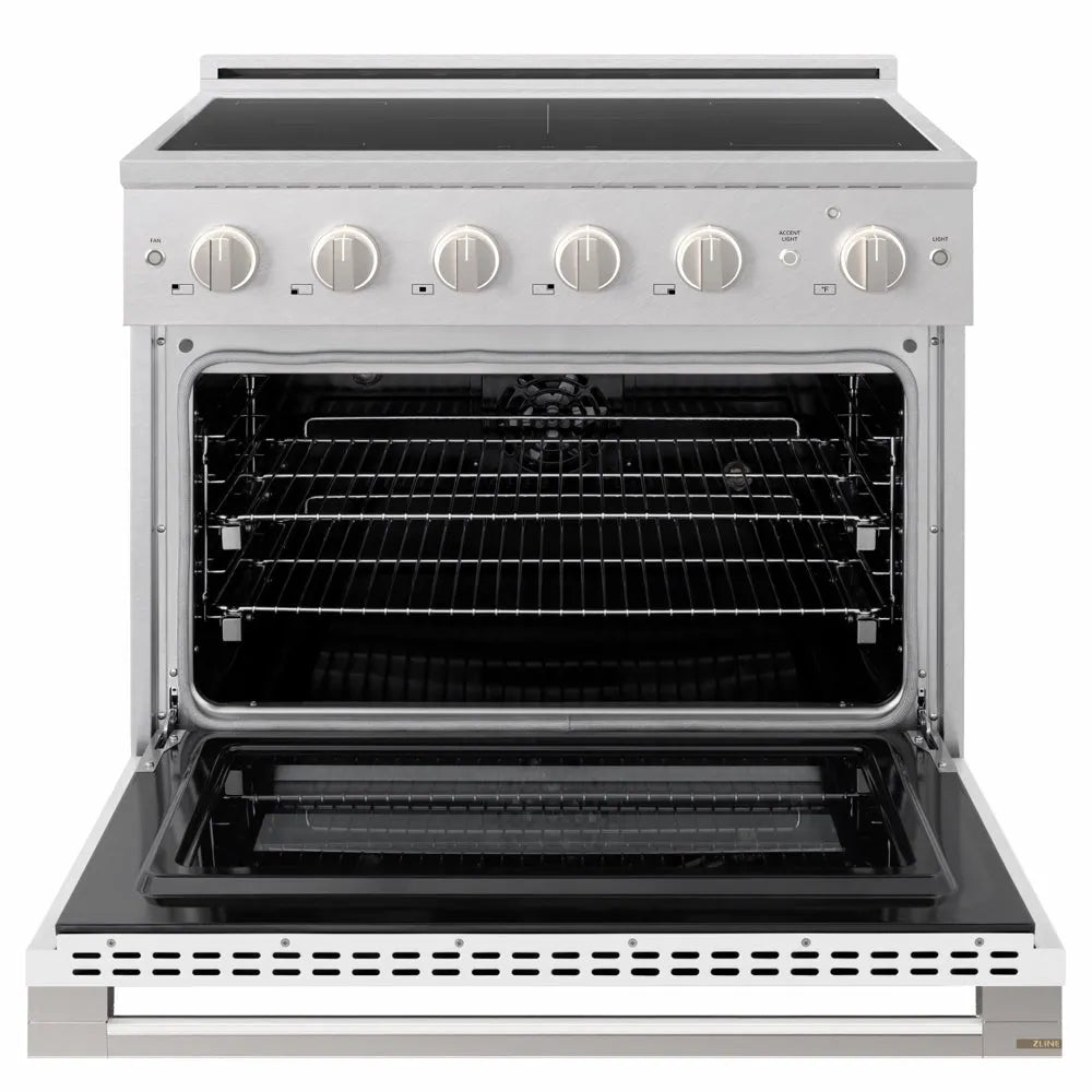ZLINE 36 in. 5.2 cu. ft. Marino Induction Range with 5 Element Cooktop and Electric Convection Oven in Satin Stainless Steel with White Matte Door (MINRS-WM-36) front, oven open.