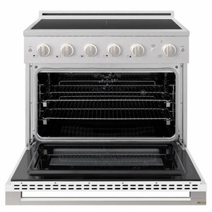 ZLINE 36 in. 5.2 cu. ft. Marino Induction Range with 5 Element Cooktop and Electric Convection Oven in Satin Stainless Steel with White Matte Door (MINRS-WM-36) front, oven open.
