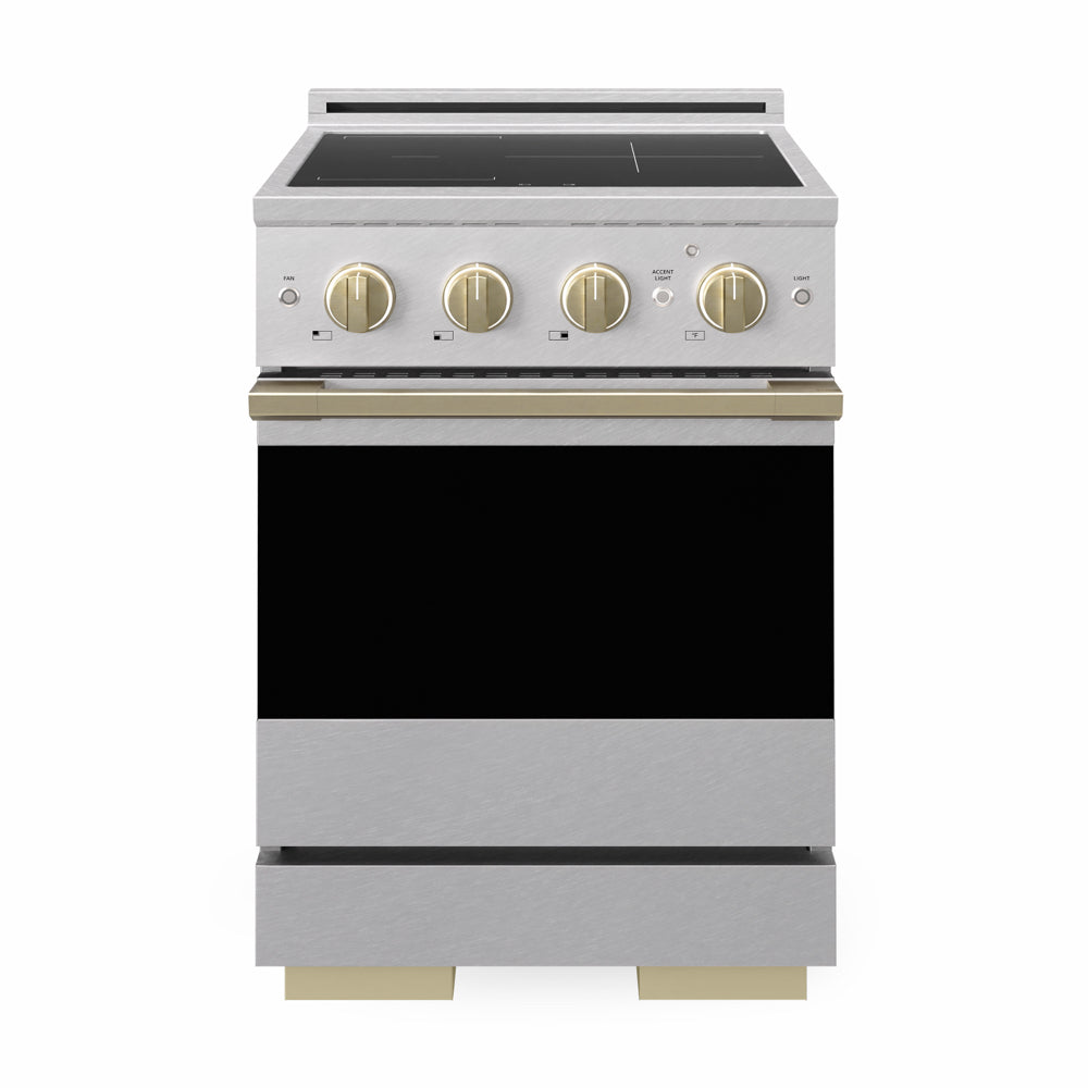 ZLINE Autograph Edition 24 in. 3.2 cu. ft. Marino Induction Range with 3 Element Cooktop and Electric Convection Oven in Satin Stainless Steel with Champagne Bronze Accents (MINRSZ-24-CB)