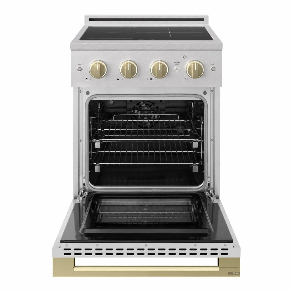 ZLINE Autograph Edition 24 in. 3.2 cu. ft. Marino Induction Range with 3 Element Cooktop and Electric Convection Oven in Satin Stainless Steel with Champagne Bronze Accents (MINRSZ-24-CB) front, oven open.