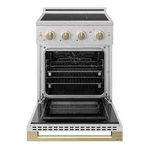 ZLINE Autograph Edition 24 in. 3.2 cu. ft. Marino Induction Range with 3 Element Cooktop and Electric Convection Oven in Satin Stainless Steel with Champagne Bronze Accents (MINRSZ-24-CB) front, oven open.
