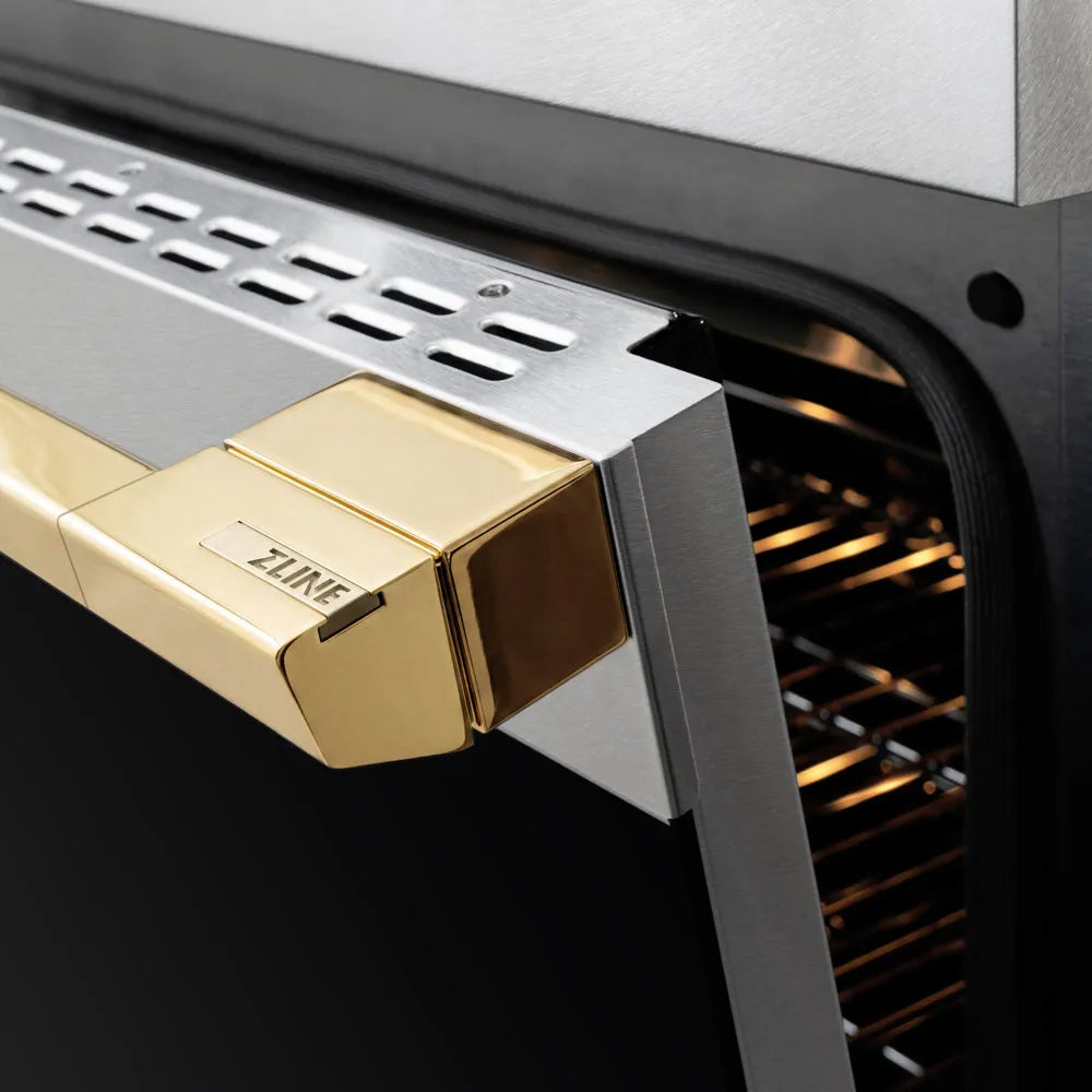 ZLINE Autograph Edition 24 in. 3.2 cu. ft. Marino Induction Range with 3 Element Cooktop and Electric Convection Oven in Satin Stainless Steel with Polished Gold Accents (MINRSZ-24-G) close-up, oven door handle.