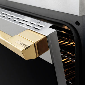 ZLINE Autograph Edition 24 in. 3.2 cu. ft. Marino Induction Range with 3 Element Cooktop and Electric Convection Oven in Satin Stainless Steel with Polished Gold Accents (MINRSZ-24-G) close-up, oven door handle.
