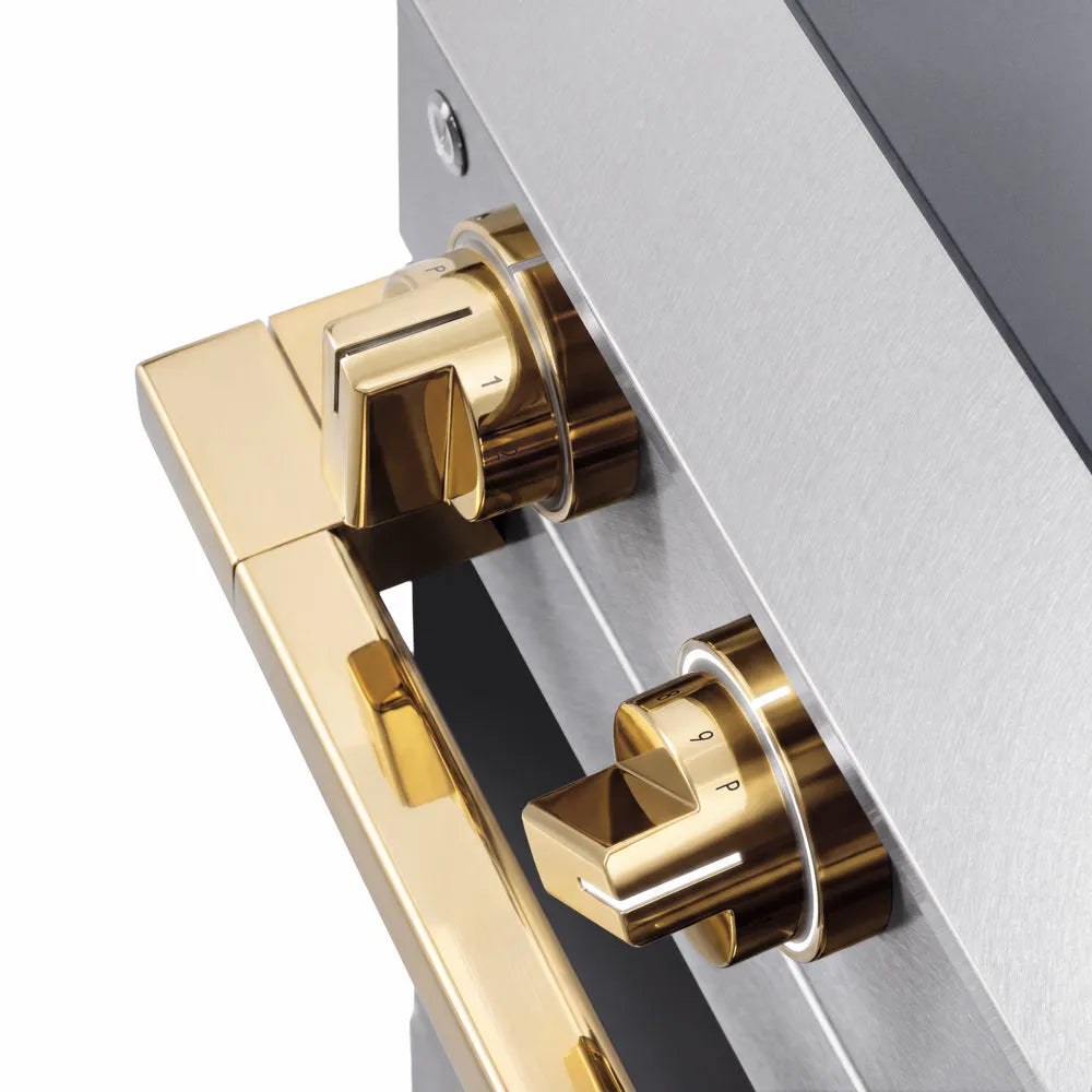 ZLINE Autograph Edition 24 in. 3.2 cu. ft. Marino Induction Range with 3 Element Cooktop and Electric Convection Oven in Satin Stainless Steel with Polished Gold Accents (MINRSZ-24-G) close-up, modern oven and cooktop knobs.