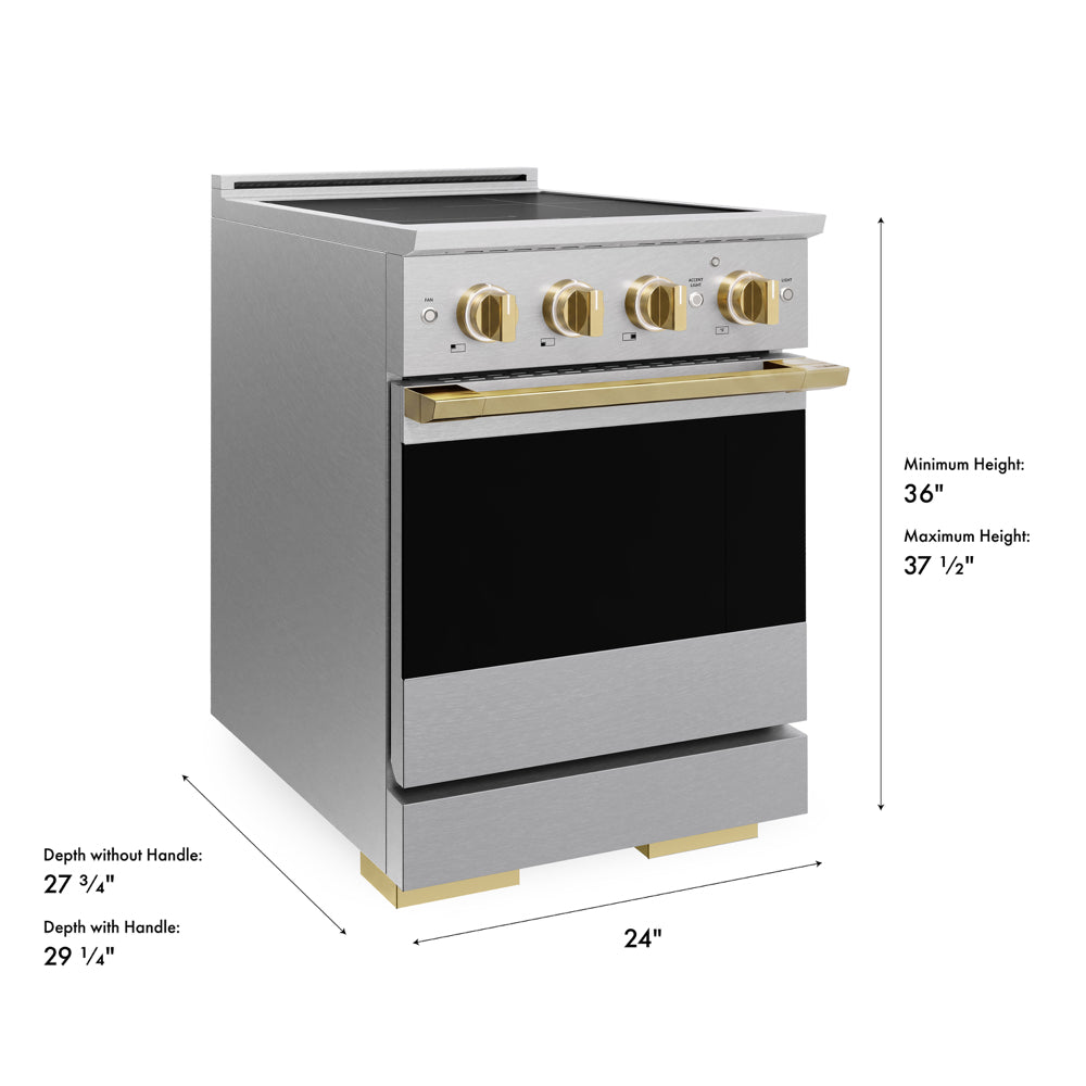 ZLINE Autograph Edition 24 in. 3.2 cu. ft. Marino Induction Range with 3 Element Cooktop and Electric Convection Oven in Satin Stainless Steel with Polished Gold Accents (MINRSZ-24-G)