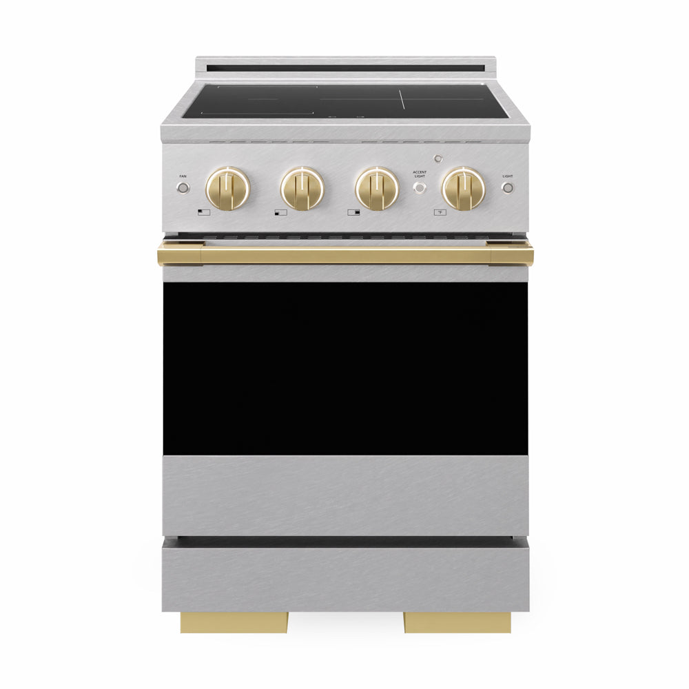 ZLINE Autograph Edition 24 in. 3.2 cu. ft. Marino Induction Range with 3 Element Cooktop and Electric Convection Oven in Satin Stainless Steel with Polished Gold Accents (MINRSZ-24-G)