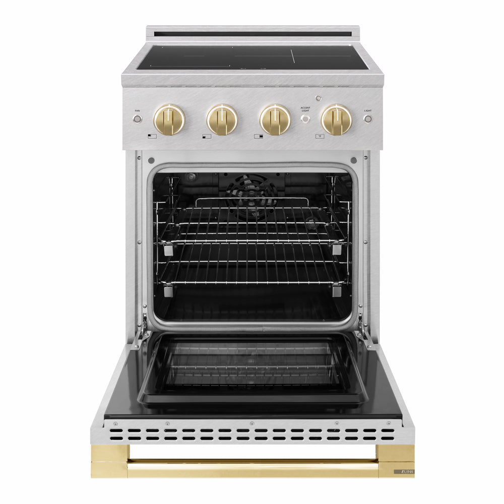 ZLINE Autograph Edition 24 in. 3.2 cu. ft. Marino Induction Range with 3 Element Cooktop and Electric Convection Oven in Satin Stainless Steel with Polished Gold Accents (MINRSZ-24-G)