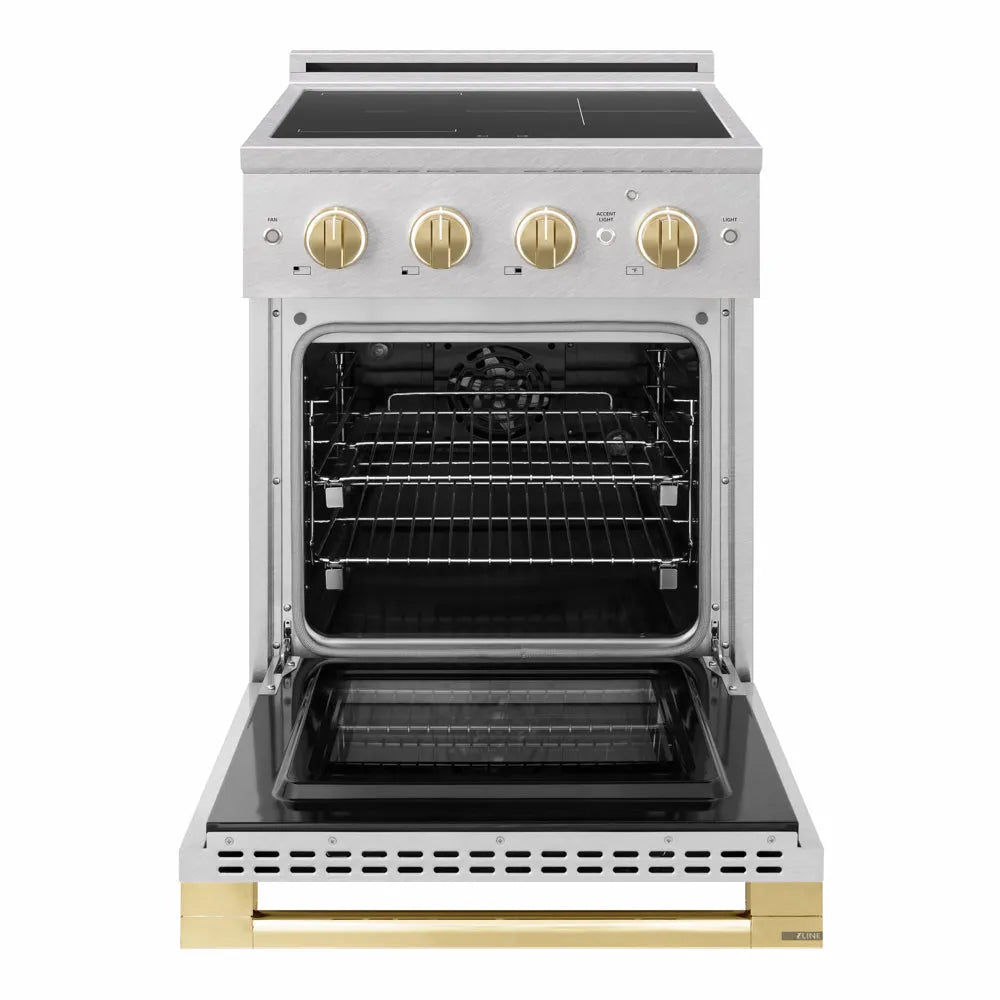 ZLINE Autograph Edition 24 in. 3.2 cu. ft. Marino Induction Range with 3 Element Cooktop and Electric Convection Oven in Satin Stainless Steel with Polished Gold Accents (MINRSZ-24-G) front, oven open.