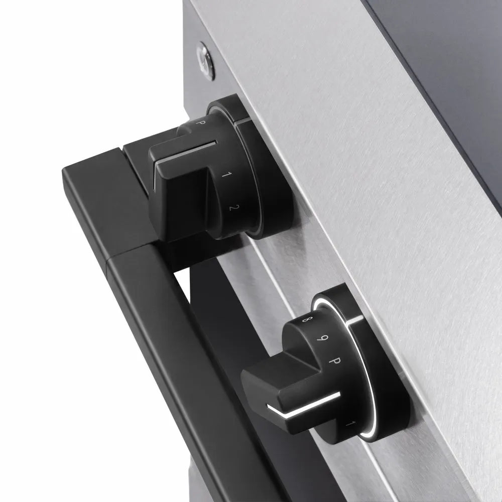 ZLINE Autograph Edition 24 in. 3.2 cu. ft. Marino Induction Range with 3 Element Cooktop and Electric Convection Oven in Satin Stainless Steel with Matte Black Accents (MINRSZ-24-MB) close-up, modern oven and cooktop knobs.