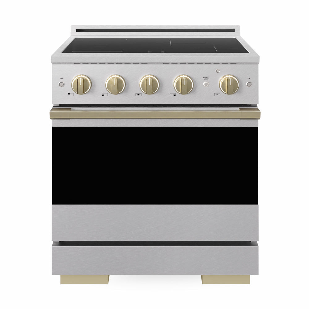 ZLINE Autograph Edition 30 in. 4.2 cu. ft. Marino Induction Range with 4 Element Cooktop and Electric Convection Oven in Satin Stainless Steel with Champagne Bronze Accents (MINRSZ-30-CB)