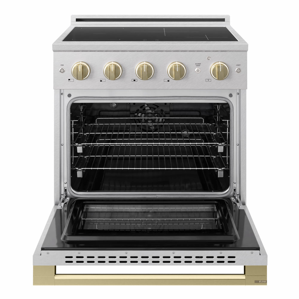 ZLINE Autograph Edition 30 in. 4.2 cu. ft. Marino Induction Range with 4 Element Cooktop and Electric Convection Oven in Satin Stainless Steel with Champagne Bronze Accents (MINRSZ-30-CB)