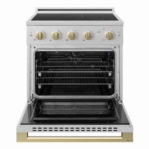 ZLINE Autograph Edition 30 in. 4.2 cu. ft. Marino Induction Range with 4 Element Cooktop and Electric Convection Oven in Satin Stainless Steel with Champagne Bronze Accents (MINRSZ-30-CB)