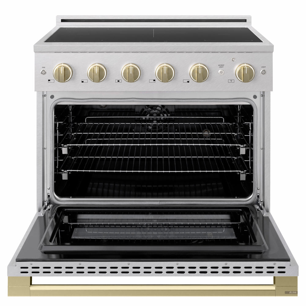 ZLINE Autograph Edition 36 in. 5.2 cu. ft. Marino Induction Range with 5 Element Cooktop and Electric Convection Oven in Satin Stainless Steel with Champagne Bronze Accents (MINRSZ-36-CB)