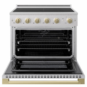 ZLINE Autograph Edition 36 in. 5.2 cu. ft. Marino Induction Range with 5 Element Cooktop and Electric Convection Oven in Satin Stainless Steel with Champagne Bronze Accents (MINRSZ-36-CB)