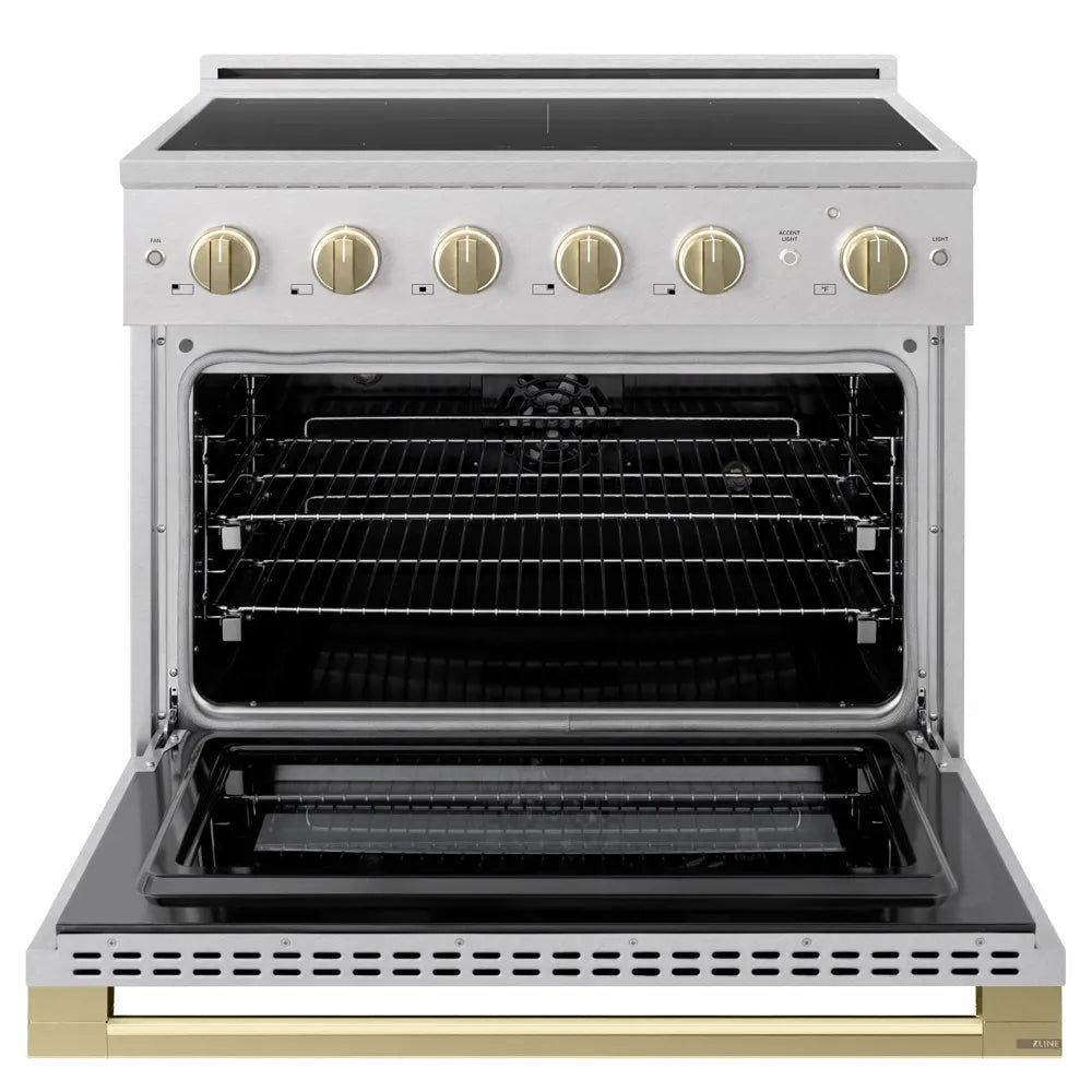 ZLINE Autograph Edition 36 in. 5.2 cu. ft. Marino Induction Range with 5 Element Cooktop and Electric Convection Oven in Satin Stainless Steel with Champagne Bronze Accents (MINRSZ-36-CB)