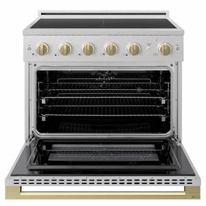 ZLINE Autograph Edition 36 in. 5.2 cu. ft. Marino Induction Range with 5 Element Cooktop and Electric Convection Oven in Satin Stainless Steel with Champagne Bronze Accents (MINRSZ-36-CB)