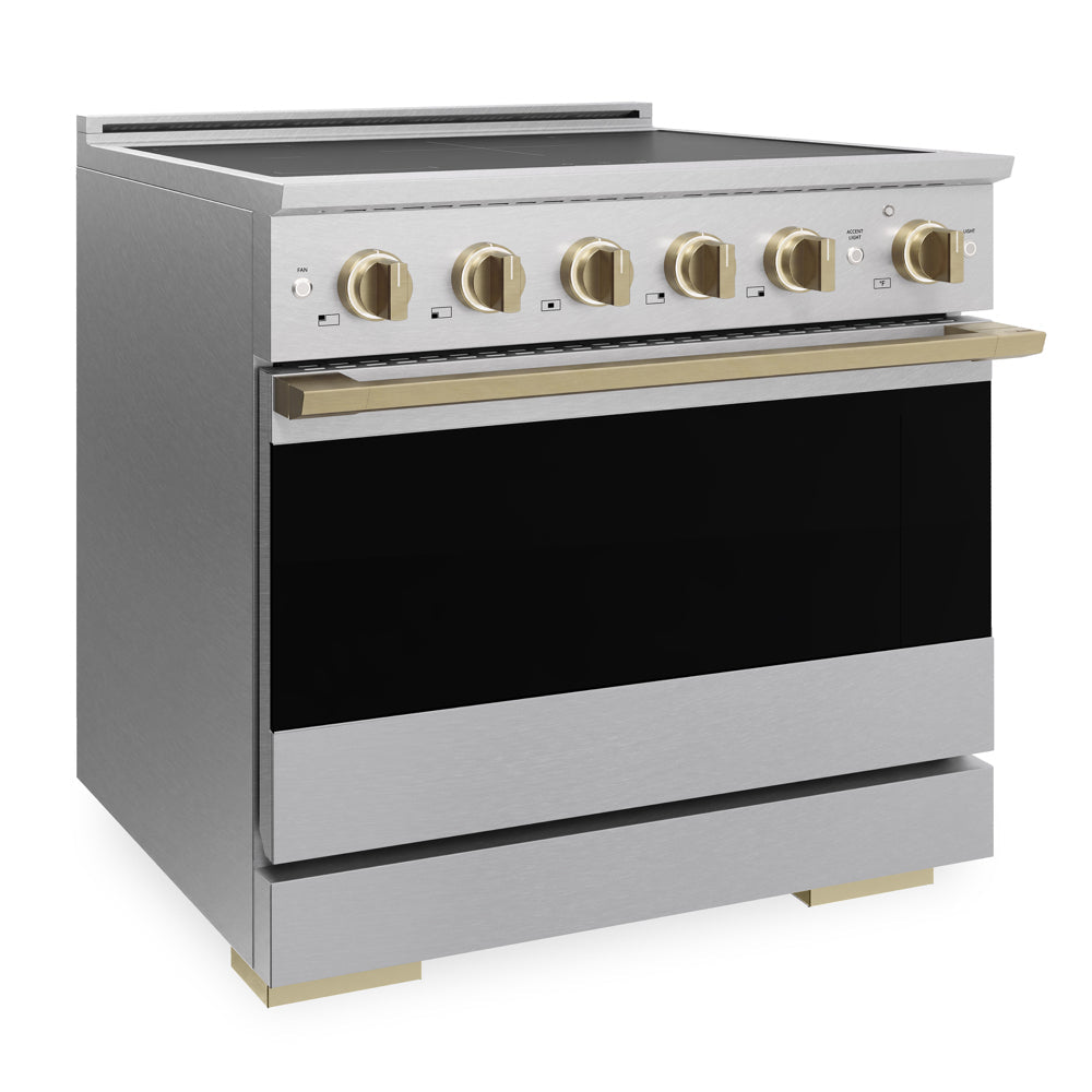 ZLINE Autograph Edition 36 in. 5.2 cu. ft. Marino Induction Range with 5 Element Cooktop and Electric Convection Oven in Satin Stainless Steel with Champagne Bronze Accents (MINRSZ-36-CB)