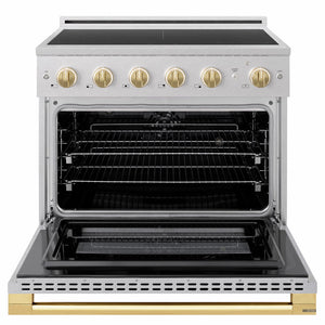 ZLINE Autograph Edition 36 in. 5.2 cu. ft. Marino Induction Range with 5 Element Cooktop and Electric Convection Oven in Satin Stainless Steel with Polished Gold Accents (MINRSZ-36-G)