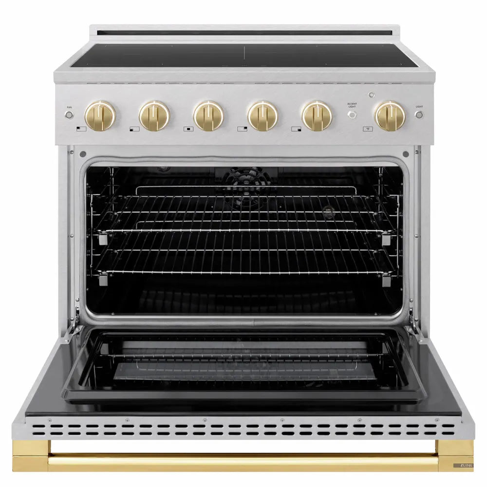 ZLINE Autograph Edition 36 in. 5.2 cu. ft. Marino Induction Range with 5 Element Cooktop and Electric Convection Oven in Satin Stainless Steel with Polished Gold Accents (MINRSZ-36-G) front, oven open.