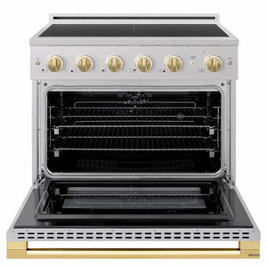 ZLINE Autograph Edition 36 in. 5.2 cu. ft. Marino Induction Range with 5 Element Cooktop and Electric Convection Oven in Satin Stainless Steel with Polished Gold Accents (MINRSZ-36-G) front, oven open.