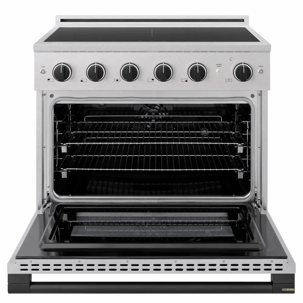ZLINE Autograph Edition 36 in. 5.2 cu. ft. Marino Induction Range with 5 Element Cooktop and Electric Convection Oven in Satin Stainless Steel with Matte Black Accents (MINRSZ-36-MB) front, oven open.