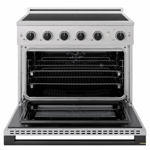 ZLINE Autograph Edition 36 in. 5.2 cu. ft. Marino Induction Range with 5 Element Cooktop and Electric Convection Oven in Satin Stainless Steel with Matte Black Accents (MINRSZ-36-MB) front, oven open.