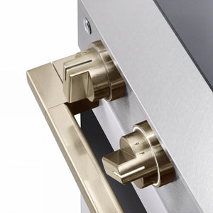 ZLINE Autograph Edition 24 in. 3.2 cu. ft. Marino Induction Range with 3 Element Cooktop and Electric Convection Oven in Satin Stainless Steel with White Matte Door and Champagne Bronze Accents (MINRSZ-WM-24-CB) close-up detail, cooktop and oven control knobs.