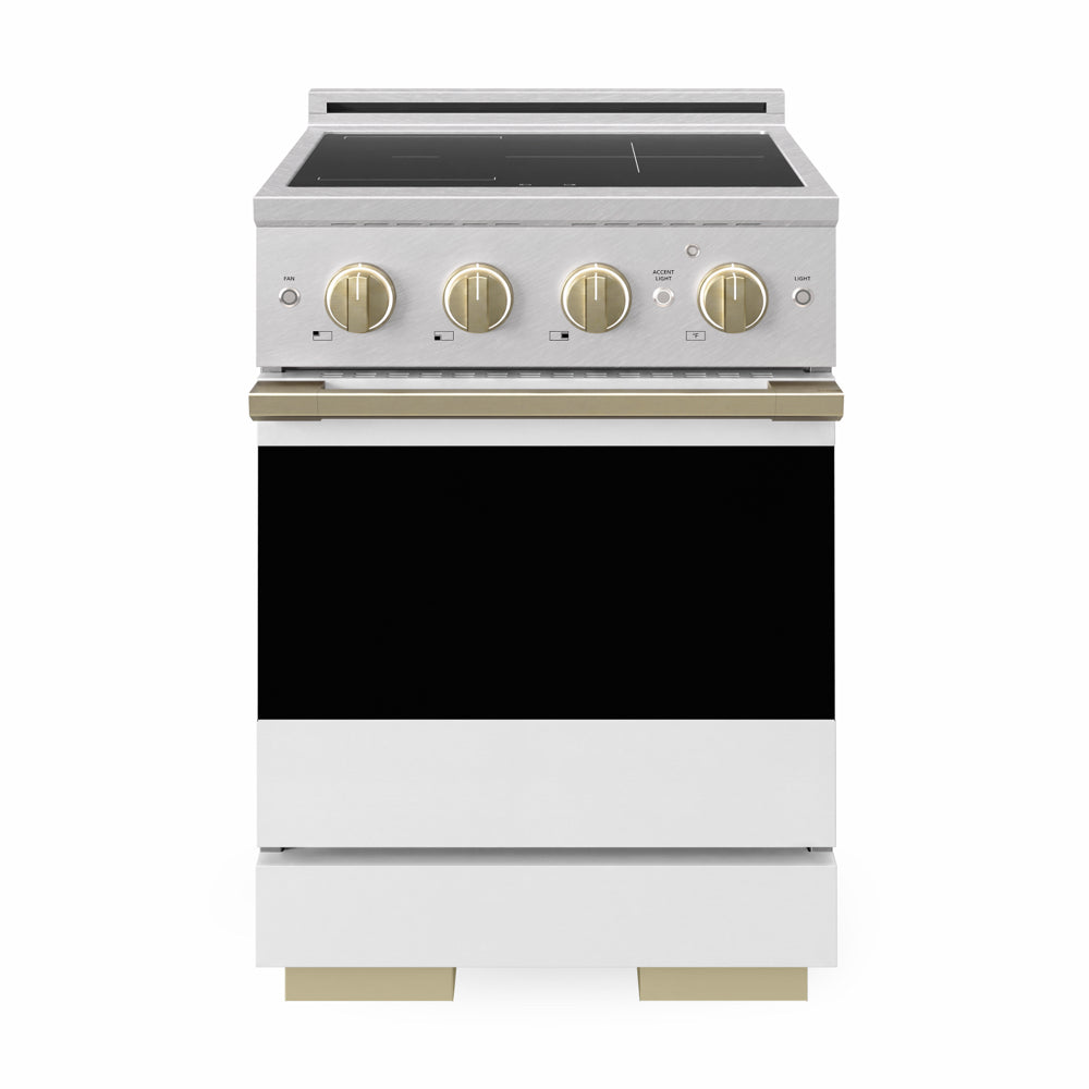ZLINE Autograph Edition 24 in. 3.2 cu. ft. Marino Induction Range with 3 Element Cooktop and Electric Convection Oven in Satin Stainless Steel with White Matte Door and Champagne Bronze Accents (MINRSZ-WM-24-CB)