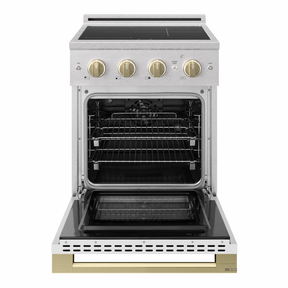 ZLINE Autograph Edition 24 in. 3.2 cu. ft. Marino Induction Range with 3 Element Cooktop and Electric Convection Oven in Satin Stainless Steel with White Matte Door and Champagne Bronze Accents (MINRSZ-WM-24-CB)