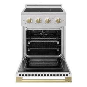 ZLINE Autograph Edition 24 in. 3.2 cu. ft. Marino Induction Range with 3 Element Cooktop and Electric Convection Oven in Satin Stainless Steel with White Matte Door and Champagne Bronze Accents (MINRSZ-WM-24-CB) front, oven open.