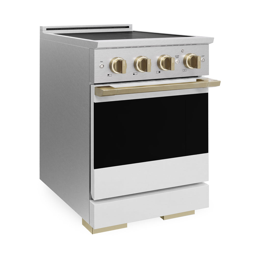 ZLINE Autograph Edition 24 in. 3.2 cu. ft. Marino Induction Range with 3 Element Cooktop and Electric Convection Oven in Satin Stainless Steel with White Matte Door and Champagne Bronze Accents (MINRSZ-WM-24-CB)