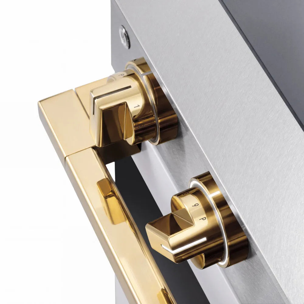 ZLINE Autograph Edition 24 in. 3.2 cu. ft. Marino Induction Range with 3 Element Cooktop and Electric Convection Oven in Satin Stainless Steel with White Matte Door and Polished Gold Accents (MINRSZ-WM-24-G) close-up detail, cooktop and oven control knobs.
