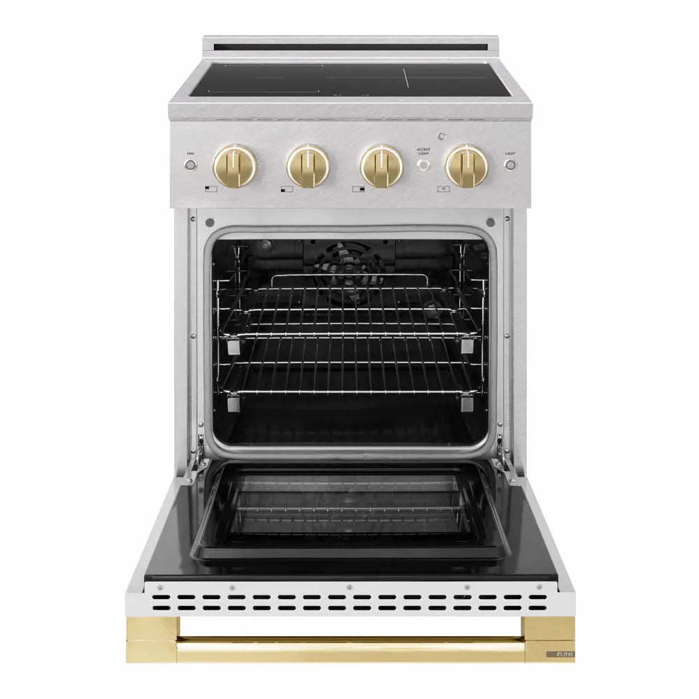 ZLINE Autograph Edition 24 in. 3.2 cu. ft. Marino Induction Range with 3 Element Cooktop and Electric Convection Oven in Satin Stainless Steel with White Matte Door and Polished Gold Accents (MINRSZ-WM-24-G) front, oven open.