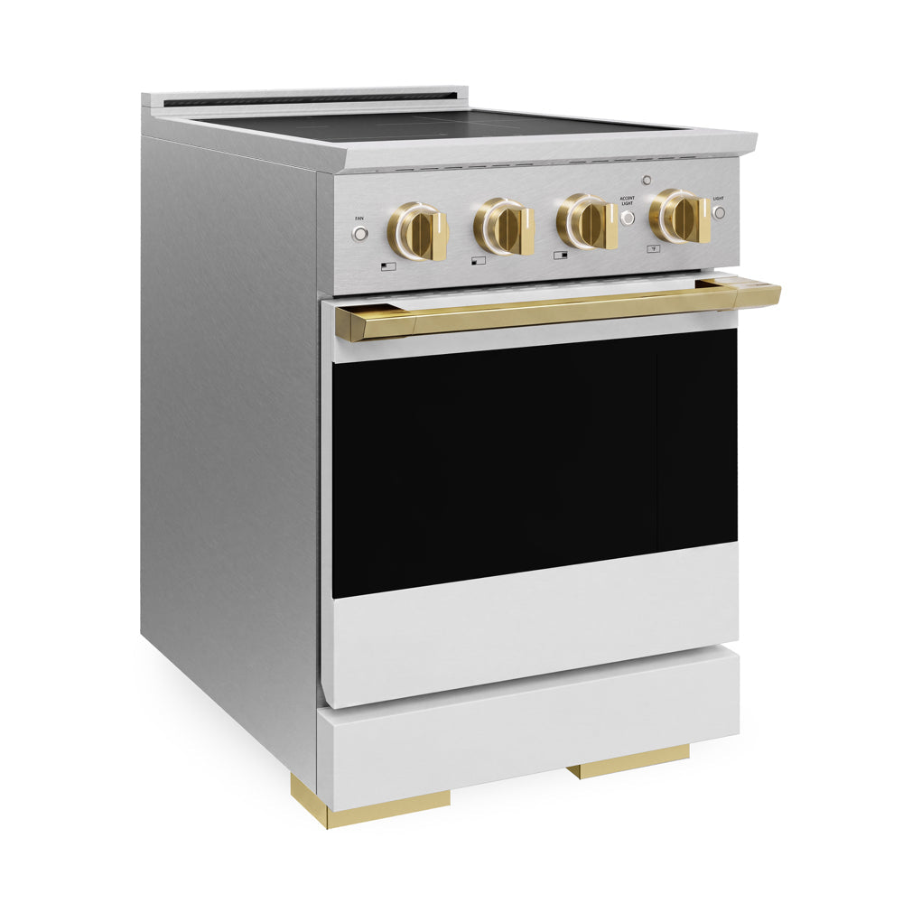 ZLINE Autograph Edition 24 in. 3.2 cu. ft. Marino Induction Range with 3 Element Cooktop and Electric Convection Oven in Satin Stainless Steel with White Matte Door and Polished Gold Accents (MINRSZ-WM-24-G)