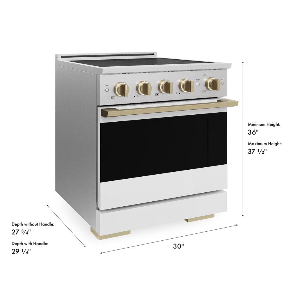 ZLINE Autograph Edition 30 in. 4.2 cu. ft. Marino Induction Range with 4 Element Cooktop and Electric Convection Oven in Satin Stainless Steel with White Matte Door and Champagne Bronze Accents (MINRSZ-WM-30-CB)