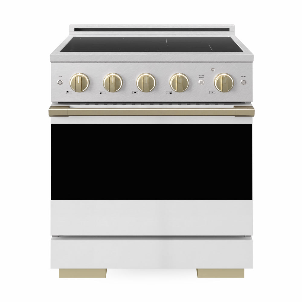 ZLINE Autograph Edition 30 in. 4.2 cu. ft. Marino Induction Range with 4 Element Cooktop and Electric Convection Oven in Satin Stainless Steel with White Matte Door and Champagne Bronze Accents (MINRSZ-WM-30-CB)