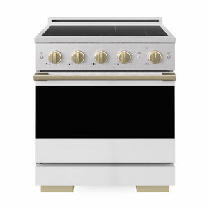 ZLINE Autograph Edition 30 in. 4.2 cu. ft. Marino Induction Range with 4 Element Cooktop and Electric Convection Oven in Satin Stainless Steel with White Matte Door and Champagne Bronze Accents (MINRSZ-WM-30-CB)