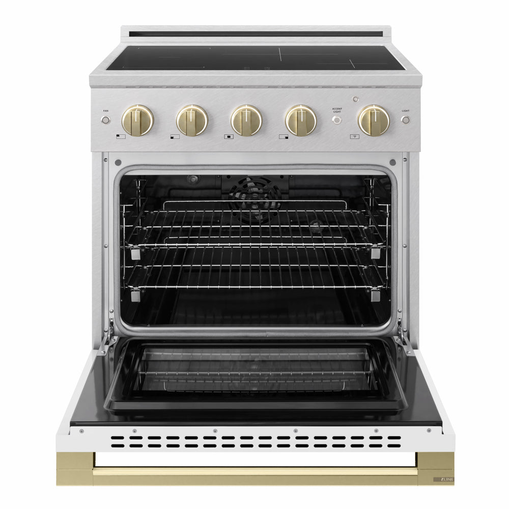 ZLINE Autograph Edition 30 in. 4.2 cu. ft. Marino Induction Range with 4 Element Cooktop and Electric Convection Oven in Satin Stainless Steel with White Matte Door and Champagne Bronze Accents (MINRSZ-WM-30-CB)