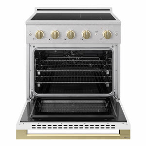 ZLINE Autograph Edition 30 in. 4.2 cu. ft. Marino Induction Range with 4 Element Cooktop and Electric Convection Oven in Satin Stainless Steel with White Matte Door and Champagne Bronze Accents (MINRSZ-WM-30-CB)