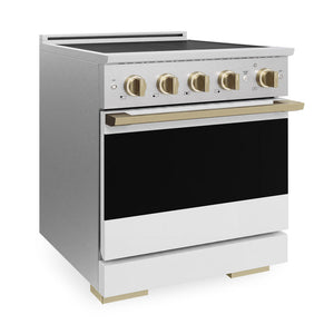 ZLINE Autograph Edition 30 in. 4.2 cu. ft. Marino Induction Range with 4 Element Cooktop and Electric Convection Oven in Satin Stainless Steel with White Matte Door and Champagne Bronze Accents (MINRSZ-WM-30-CB)