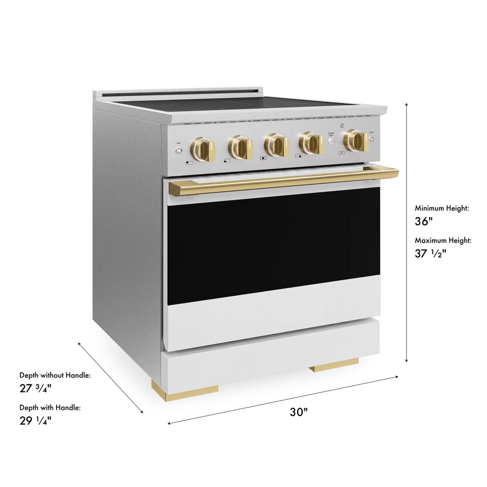ZLINE Autograph Edition 30 in. 4.2 cu. ft. Marino Induction Range with 4 Element Cooktop and Electric Convection Oven in Satin Stainless Steel with White Matte Door and Polished Gold Accents (MINRSZ-WM-30-G)