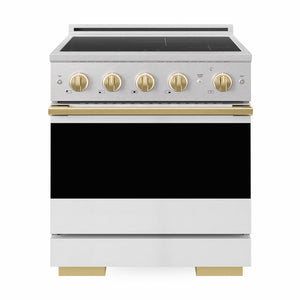 ZLINE Autograph Edition 30 in. 4.2 cu. ft. Marino Induction Range with 4 Element Cooktop and Electric Convection Oven in Satin Stainless Steel with White Matte Door and Polished Gold Accents (MINRSZ-WM-30-G)