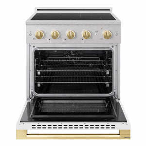 ZLINE Autograph Edition 30 in. 4.2 cu. ft. Marino Induction Range with 4 Element Cooktop and Electric Convection Oven in Satin Stainless Steel with White Matte Door and Polished Gold Accents (MINRSZ-WM-30-G)