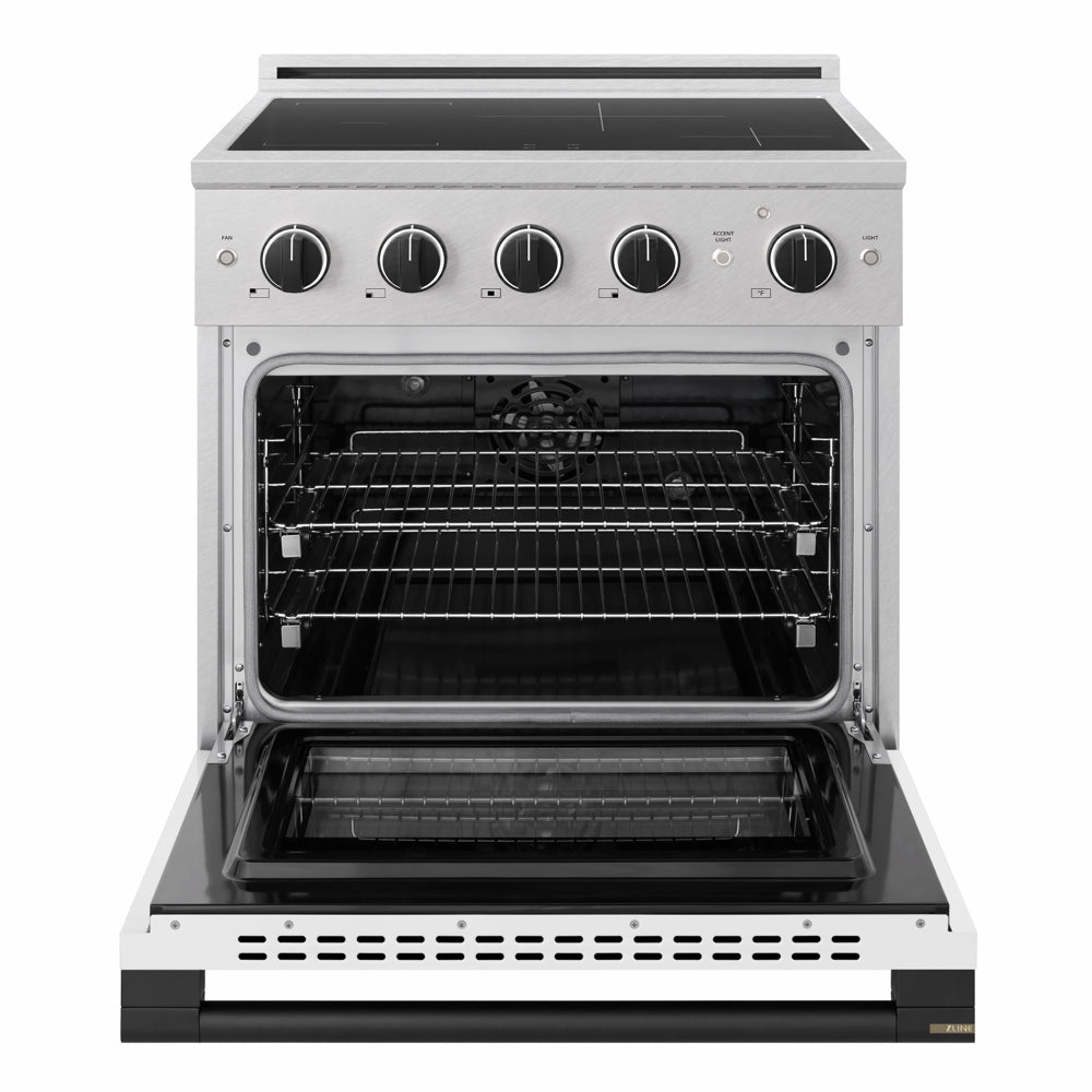ZLINE Autograph Edition 30 in. 4.2 cu. ft. Marino Induction Range with 4 Element Cooktop and Electric Convection Oven in Satin Stainless Steel with White Matte Door and Matte Black Accents (MINRSZ-WM-30-MB)